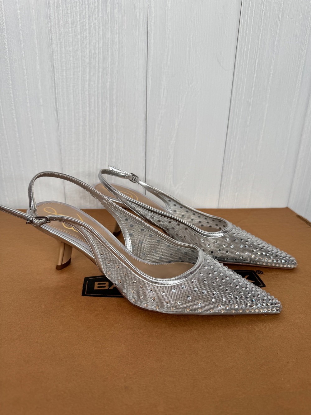 Sam Edelman Bianka Crystal Embellished Mesh Slingback Kitten Heels Silver 7.5M